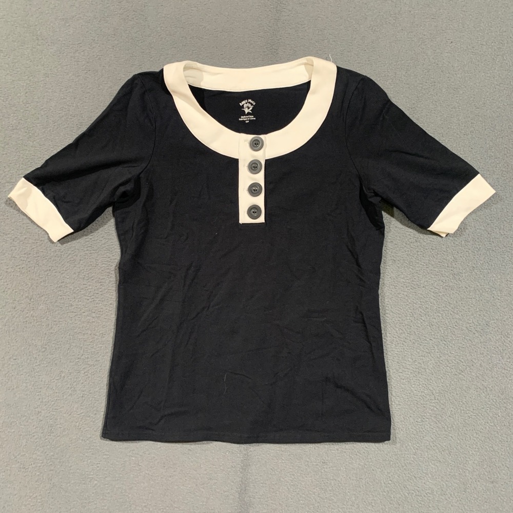 Abbie Mags Henley Top Women Small Black White Contrast Trim Short Sleeve